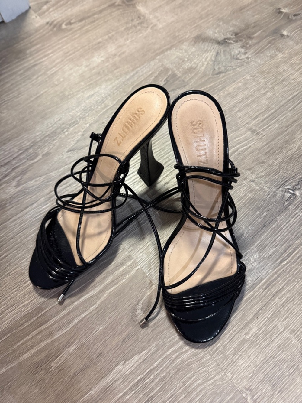 SCHUTZ Black Patent Strappy Stiletto Sandals